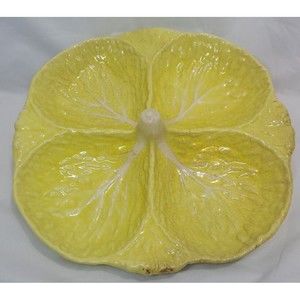 Vintage Portuguese Majolica Cabbage Leaf Yellow Divided Platter As Pictured
